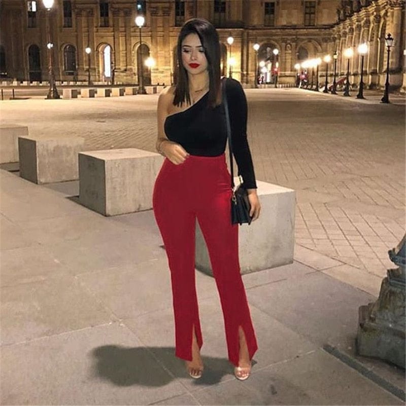 Cap Point Red / S Jenny Skinny High Waist Slit Flare Pants