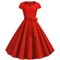 Cap Point Red / S Urielle Short Sleeve Square Collar Elegant Office Party Midi Dress with Belt