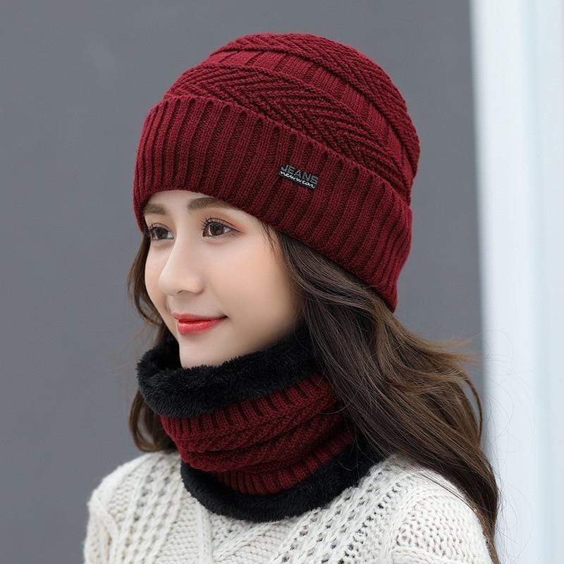 Cap Point Red wine / size56-60cm Jeans Winter Knitted Hat Scarf Set