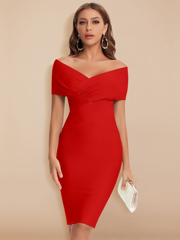 Cap Point Red / XS Celia Off Shoulder V Neck Sheath Knee Length Bandage Club Party Dress