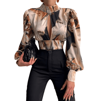 Cap Point S / MULTI Abstract Print Open Back Lantern Sleeve Cutout Blouse