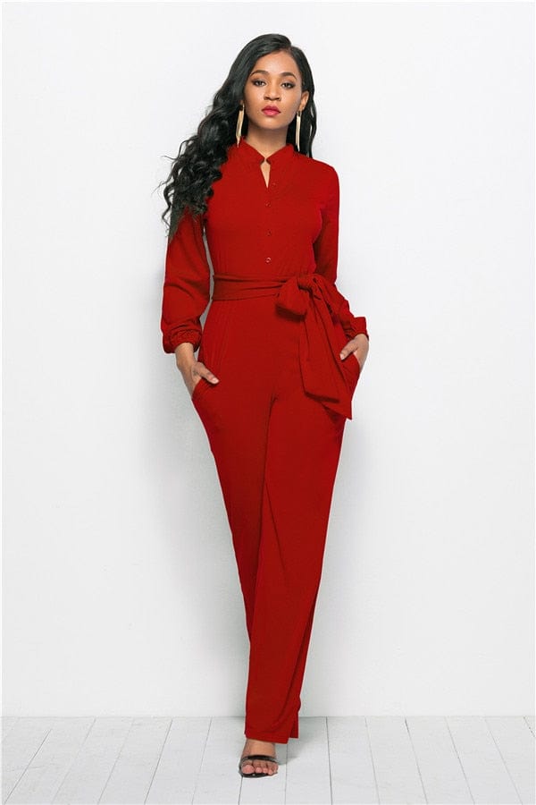 Cap Point S / Red Elegant Long Sleeve Waist Belt Wide-leg Jumpsuit With Pocket