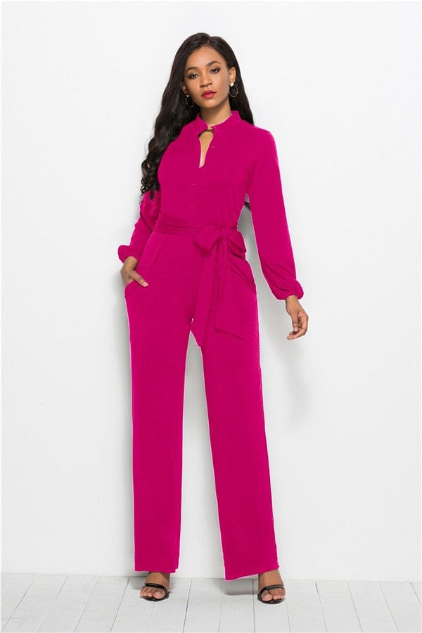 Cap Point S / Rose Red Elegant Long Sleeve Waist Belt Wide-leg Jumpsuit With Pocket