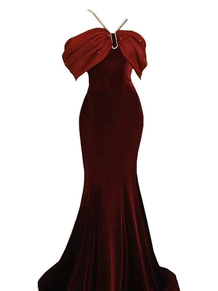 Cap Point Salome Premium Sense Wine Red Fishtail One Line Shoulder Evening Dress