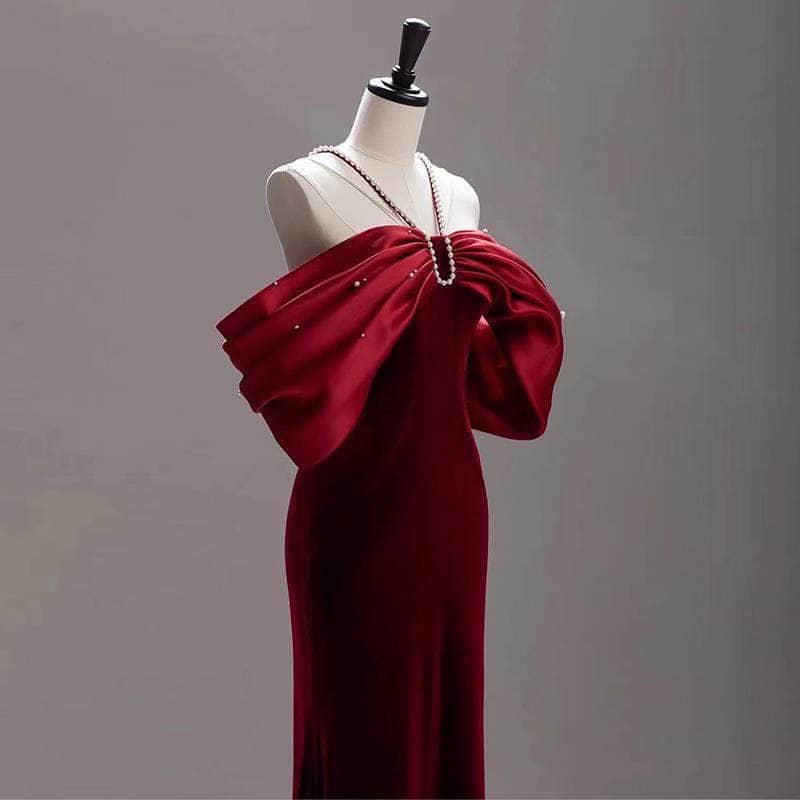 Cap Point Salome Premium Sense Wine Red Fishtail One Line Shoulder Evening Dress