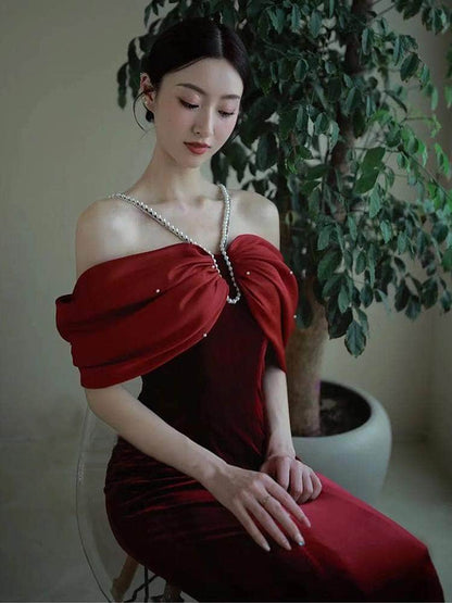 Cap Point Salome Premium Sense Wine Red Fishtail One Line Shoulder Evening Dress