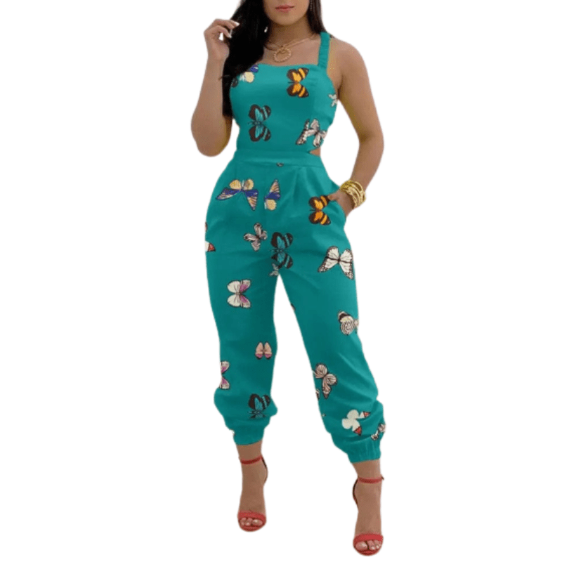 Cap Point Sky Blue / S Mileine Elegant Butterfly Print Crisscross Lace Up Details Backless Jumpsuit