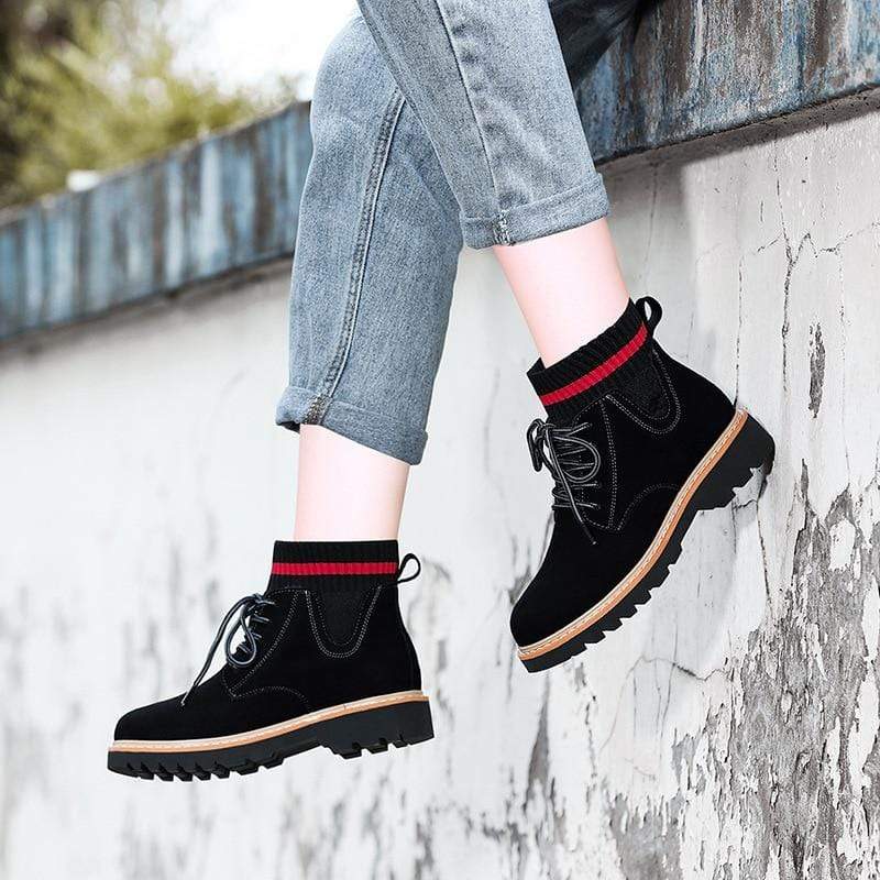 Cap Point Spring Autumn Thick Heel Motorcycle Lace Up Short Ankle Boots