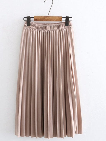 Cap Point Summer Pleated Solid Linen Elastic Waist Vintage Elegant Office Midi Skirt