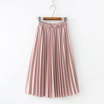 Cap Point Summer Pleated Solid Linen Elastic Waist Vintage Elegant Office Midi Skirt