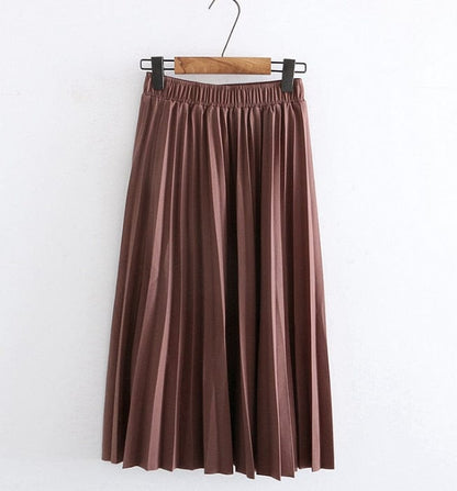 Cap Point Summer Pleated Solid Linen Elastic Waist Vintage Elegant Office Midi Skirt