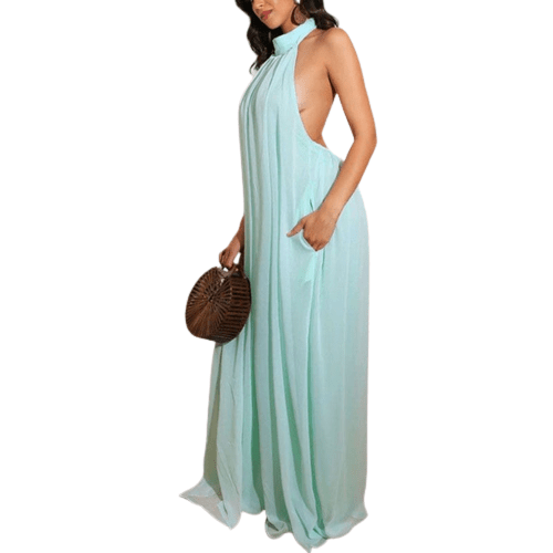 Cap Point Turquoise / S Loose Chiffon Halter Long Jumpsuit