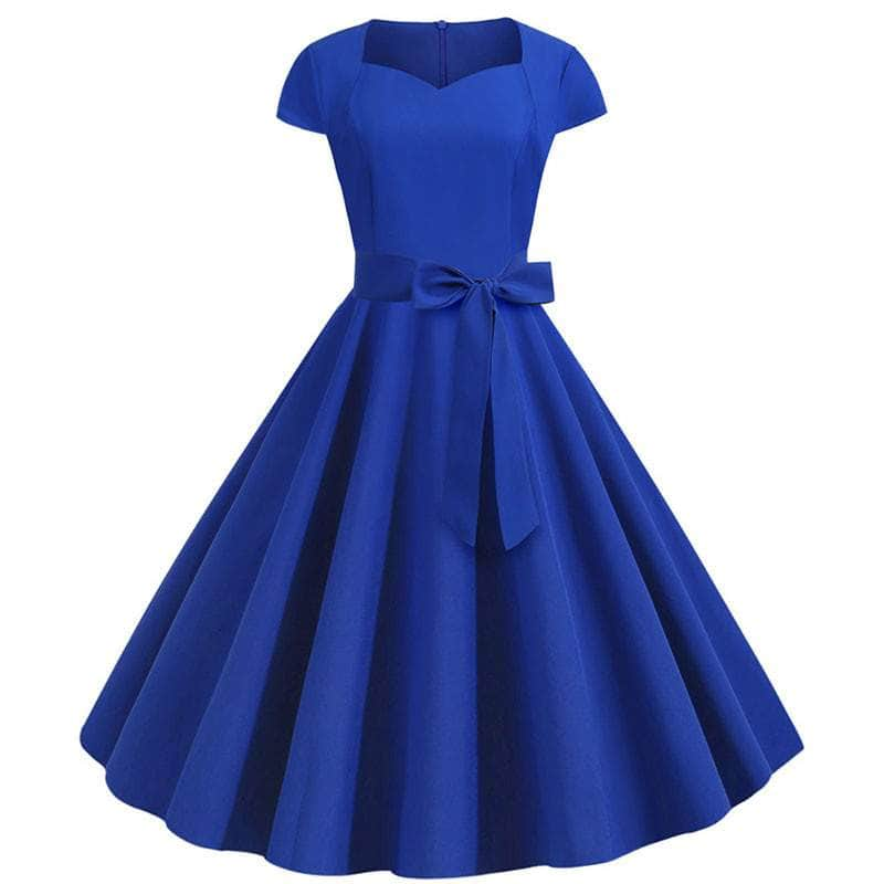 Cap Point Urielle Short Sleeve Square Collar Elegant Office Party Midi Dress with Belt