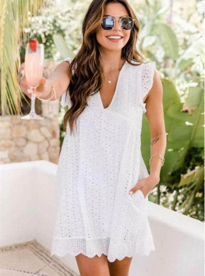 Cap Point White / 2XL Agathe  Summer Sleeveless Jacquard Cutout V-Neck Beach Lace Dress