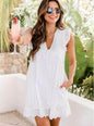 Cap Point White / 2XL Agathe  Summer Sleeveless Jacquard Cutout V-Neck Beach Lace Dress