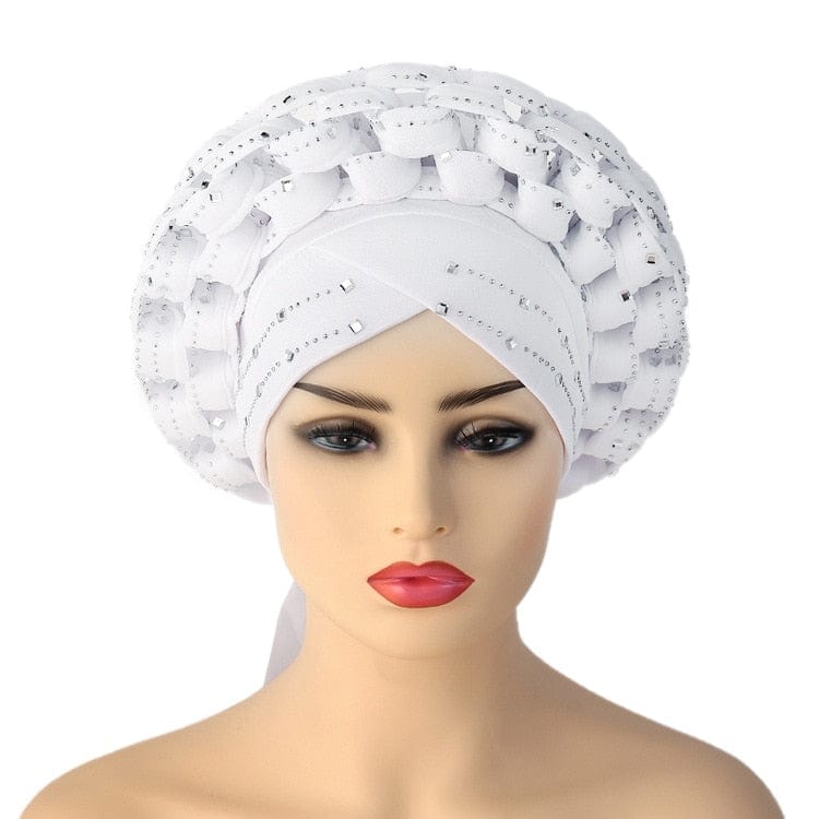 Cap Point White / adjustable Diamonds African Pattern Pre-Tied Bonnet Turban Knot Headwrap