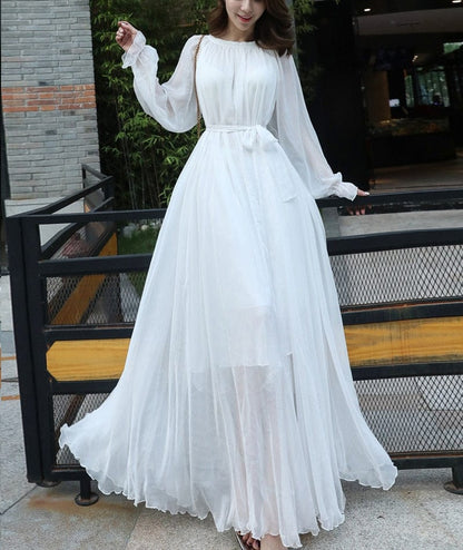 Cap Point white / M Olivia Elegant Flowy Chiffon High Quality Loose Belt Maxi Dress