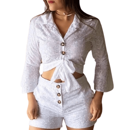 Cap Point White / S Merimee Broderie Lace Button-down Blouse & Short Set