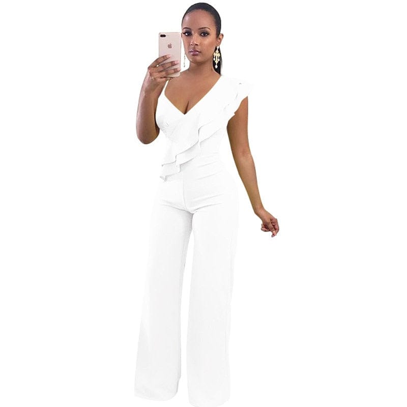 Cap Point White / S Merlaine Ruffles Sexy Loose Long Pants Wide leg Jumpsuit