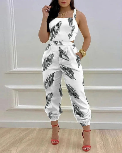 Cap Point White / S Mileine Elegant Butterfly Print Crisscross Lace Up Details Backless Jumpsuit