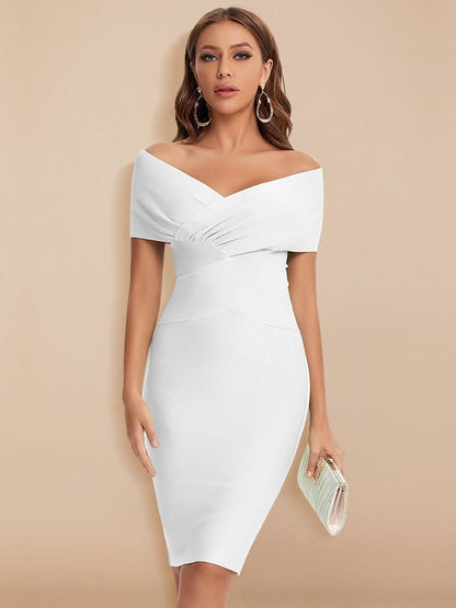 Cap Point white / XS Celia Off Shoulder V Neck Sheath Knee Length Bandage Club Party Dress