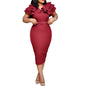 Cap Point Wine Red 1 / S Fashion V Neck Short Ruffled Sleeve Belt Bodycon Midi Dress