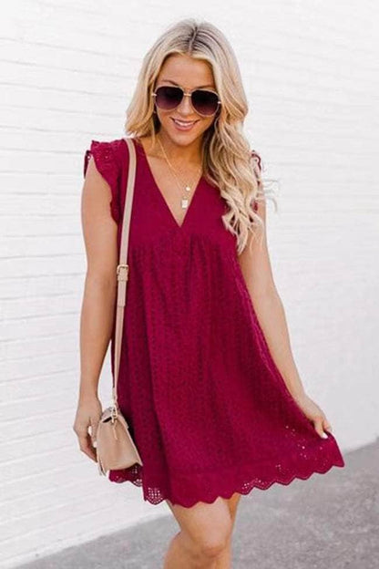 Cap Point Wine Red / 2XL Agathe  Summer Sleeveless Jacquard Cutout V-Neck Beach Lace Dress