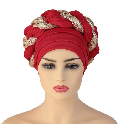 Cap Point Wine red / One Size Celia Auto Geles Shinning Sequins Turban Headtie