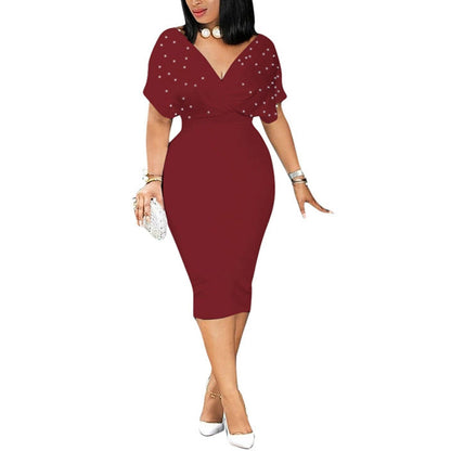 Cap Point Wine Red / S Fashion V Neck Short Ruffled Sleeve Belt Bodycon Midi Dress