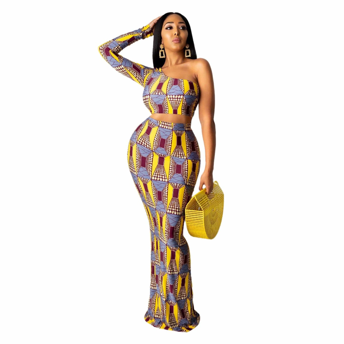 Cap Point Yellow / S Elmerade Skew Neck Crop Top Mermaid Skirt Suit