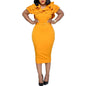 Cap Point Yellow / S Fashion V Neck Short Ruffled Sleeve Belt Bodycon Midi Dress