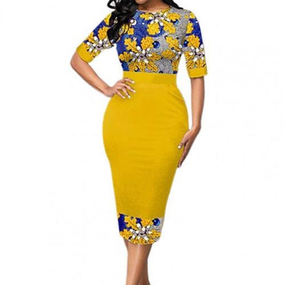 Cap Point Yellow / S Marisse Leaf Print Wavy Stripe High Waist Slit Bodycon Dress