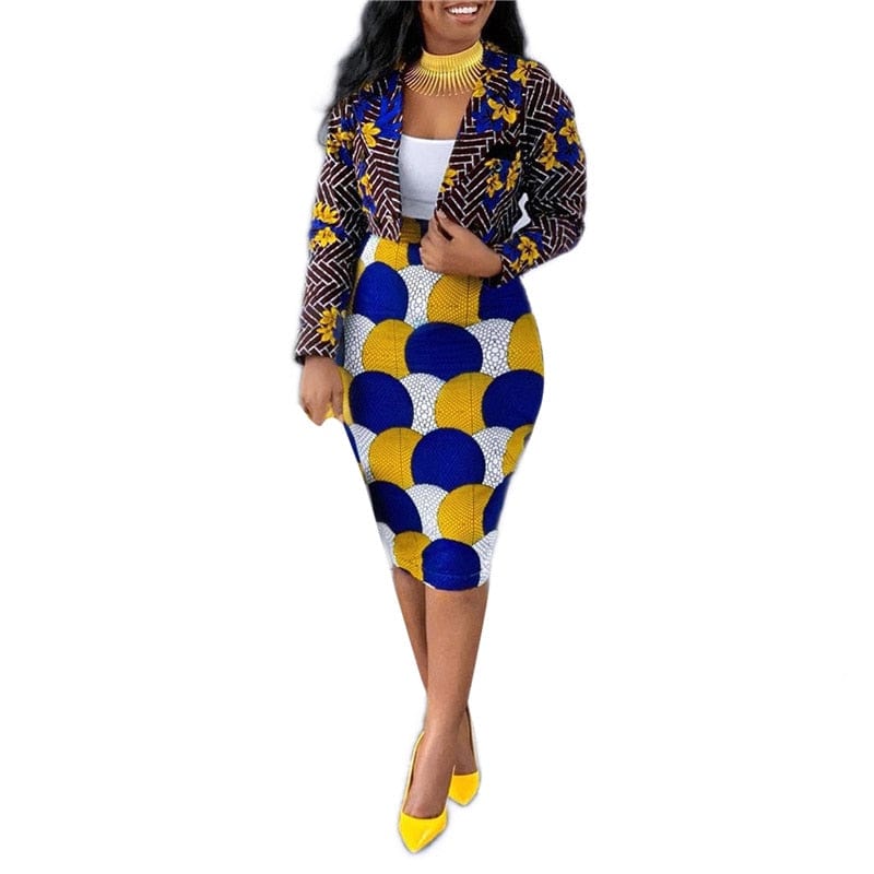 Cap Point Yellow / S Marisse Print Lapel Long Sleeves Suit Jacket + High-Waist Knee-Dress