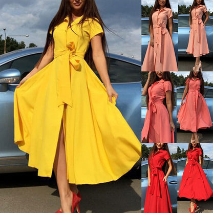 Cap Point yellow / S Okeleye Elegant Short Sleeve Lace Up Turn-down Collar Long Party Shirt Dress