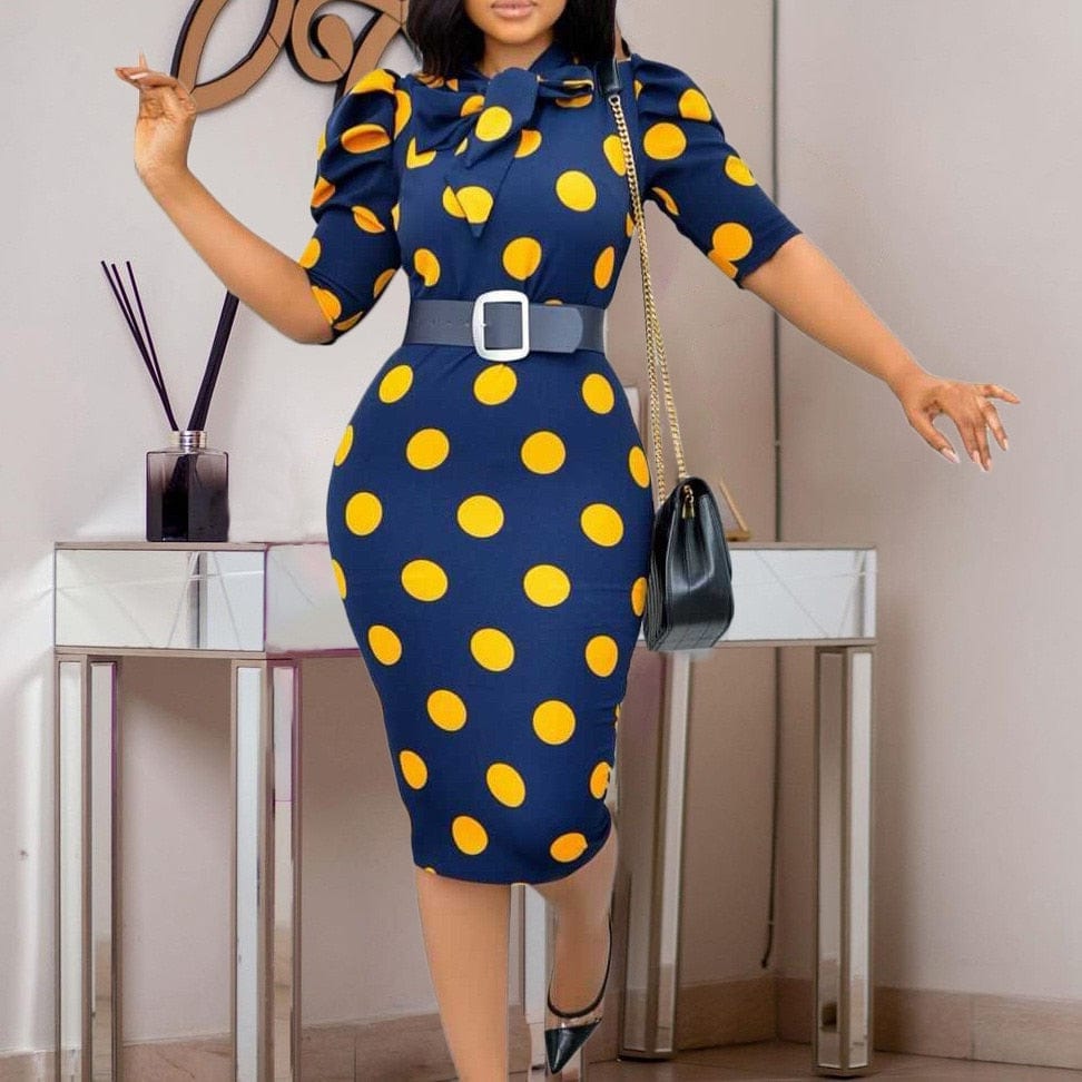 Cap Point Yellow / S Raissa Elegant Dot Printed High Waisted Short Sleeve Midi Dress