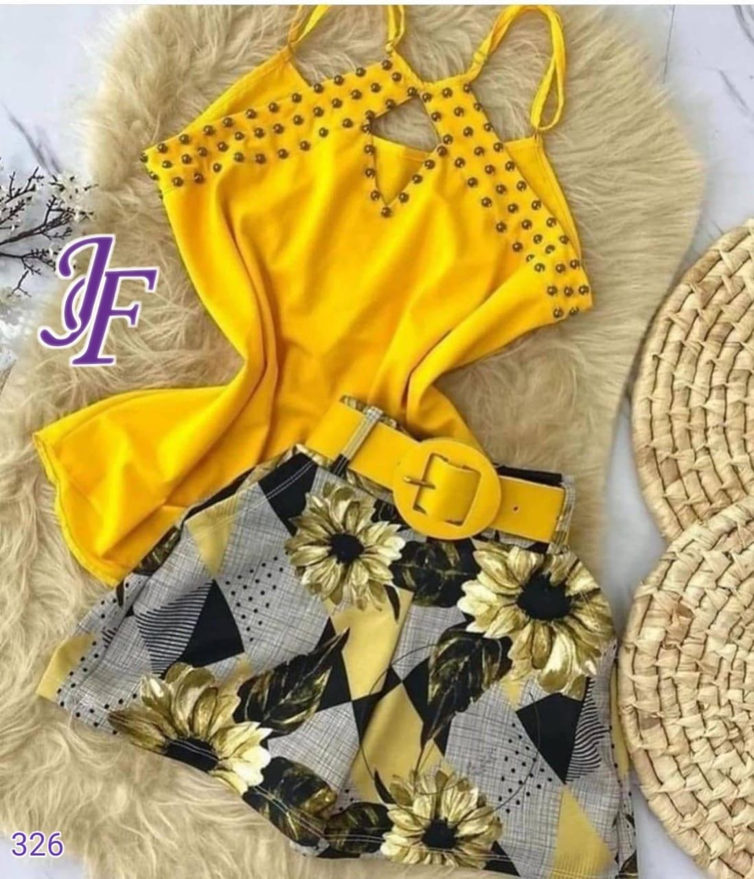 Cap Point Yellow / S Summer Fashion Two Piece Sleeveless Vest Top Printed Shorts