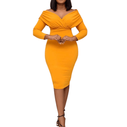 Cap Point Yellow / S Vanessa Elegant Long Sleeve V-Neck Bodycon Midi Dress